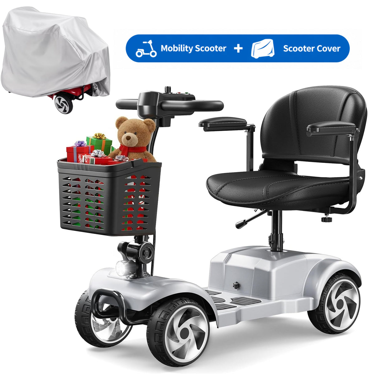 Flycity 24V 4 Wheel Mobility Scooter for Seniors, Foldable 20 Miles Long Range Electric Scooter with Scooter Cover, 12Ah Electric Powered Wheelchair Device for Adults, Sliver