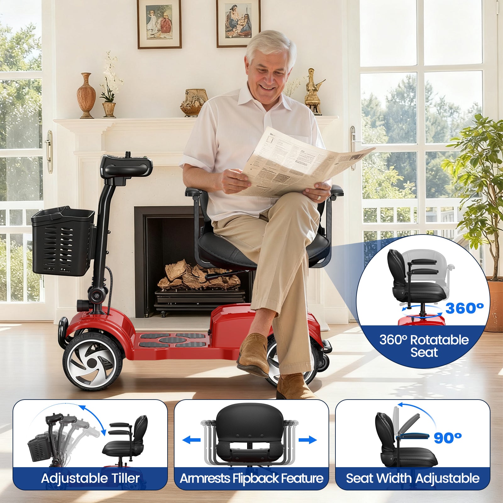 Flycity 24V 4 Wheel Mobility Scooter for Seniors, Foldable 20 Miles Long Range Electric Scooter with LED Lights and Basket, 12Ah Electric Powered Wheelchair Device for Adults, Red