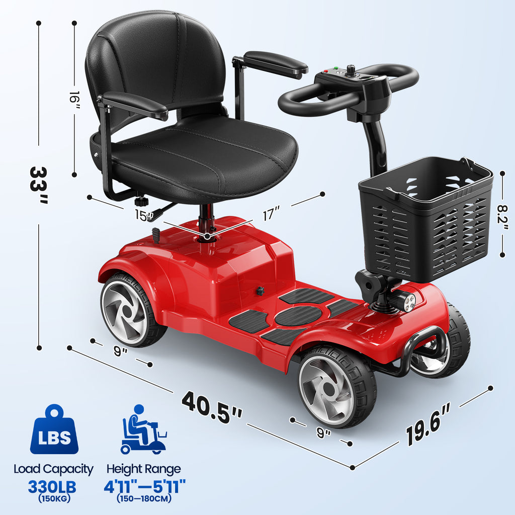 Flycity 24V 4 Wheel Mobility Scooter for Seniors, Foldable 20 Miles Long Range Electric Scooter with LED Lights and Basket, 12Ah Electric Powered Wheelchair Device for Adults, Red