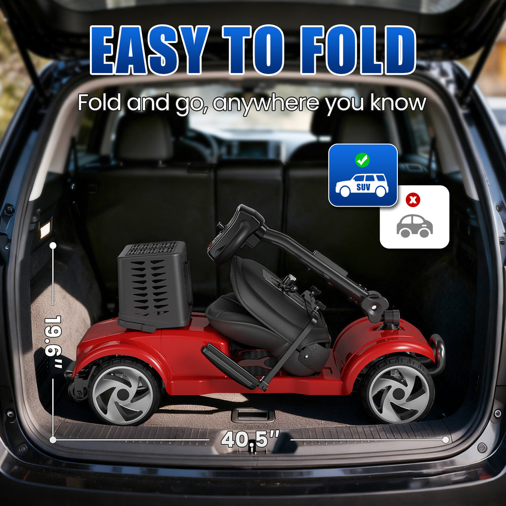 Flycity 24V 4 Wheel Mobility Scooter for Seniors, Foldable 20 Miles Long Range Electric Scooter with LED Lights and Basket, 12Ah Electric Powered Wheelchair Device for Adults, Red