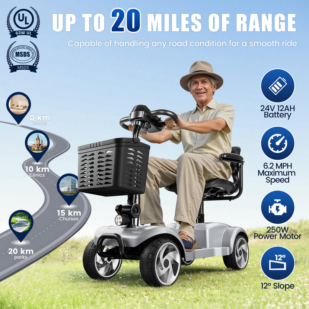 Flycity 24V 4 Wheel Mobility Scooter for Seniors, Foldable 20 Miles Long Range Electric Scooter with LED Lights and Basket, 12Ah Electric Powered Wheelchair Device for Adults, Silver