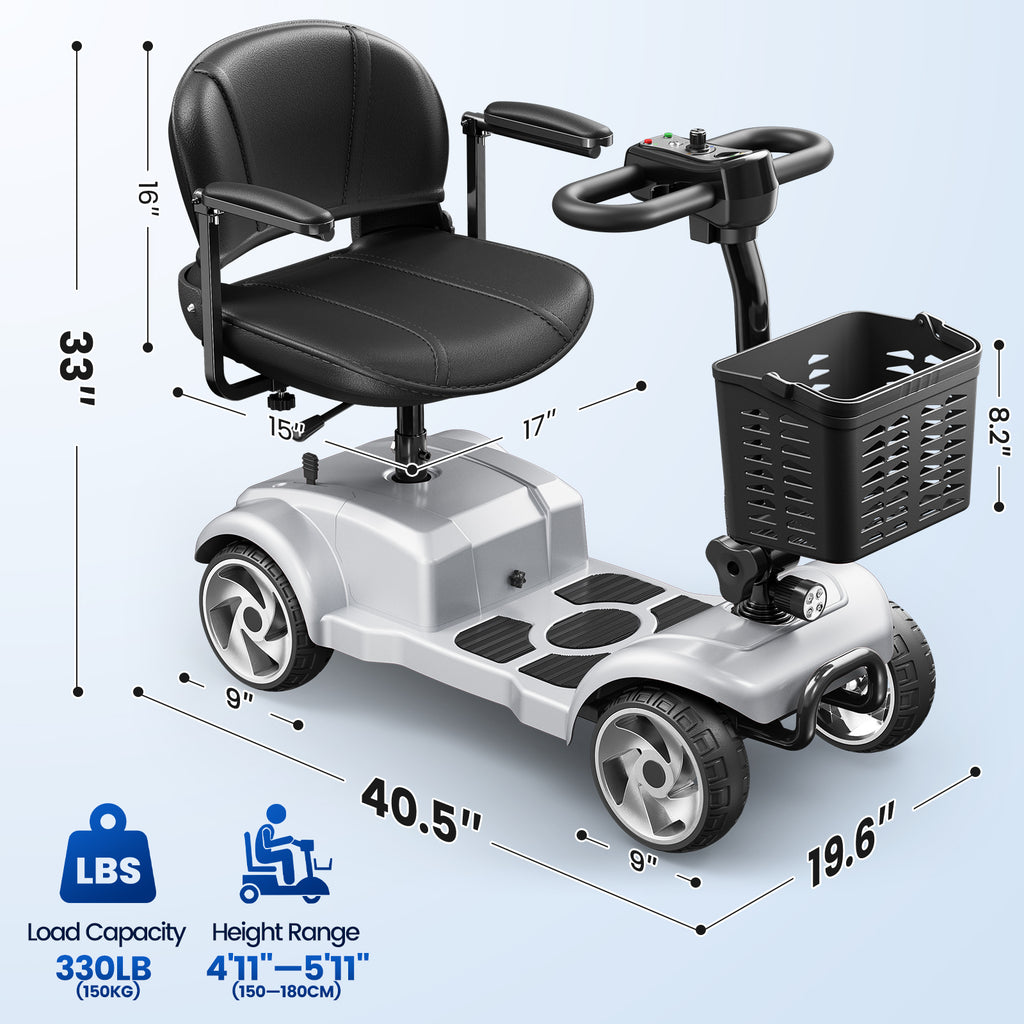 Flycity 24V 4 Wheel Mobility Scooter for Seniors, Foldable 20 Miles Long Range Electric Scooter with LED Lights and Basket, 12Ah Electric Powered Wheelchair Device for Adults, Silver