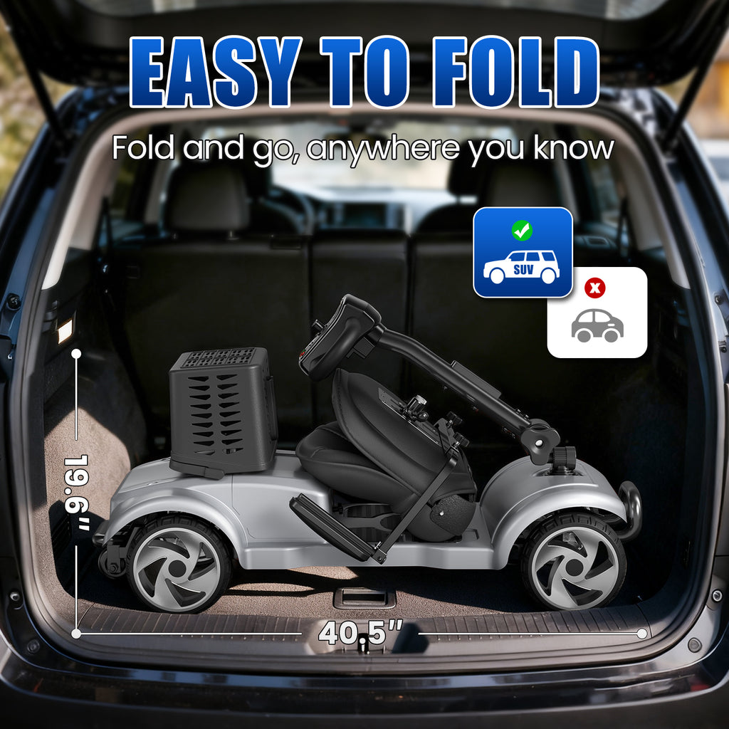 Flycity 24V 4 Wheel Mobility Scooter for Seniors, Foldable 20 Miles Long Range Electric Scooter with LED Lights and Basket, 12Ah Electric Powered Wheelchair Device for Adults, Silver