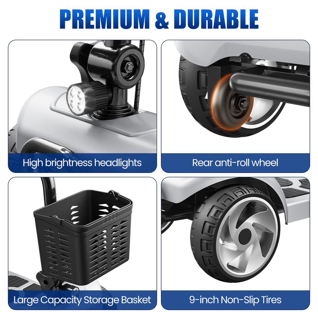 Flycity 24V 4 Wheel Mobility Scooter for Seniors, Foldable 20 Miles Long Range Electric Scooter with LED Lights and Basket, 12Ah Electric Powered Wheelchair Device for Adults, Silver