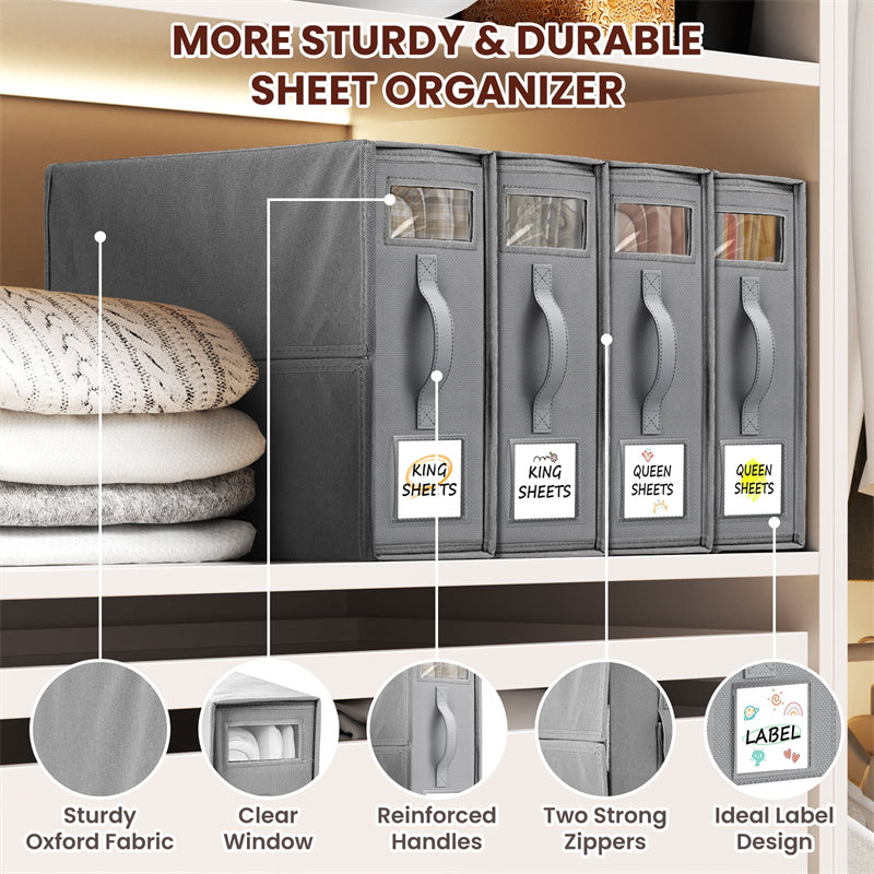 Flycity 6 Pack Foldable Bed Sheet Organizers with Window, Storage Containers for Queen & King Size Bedding, Linen Closet Organizers for Sheet Sets, Gray