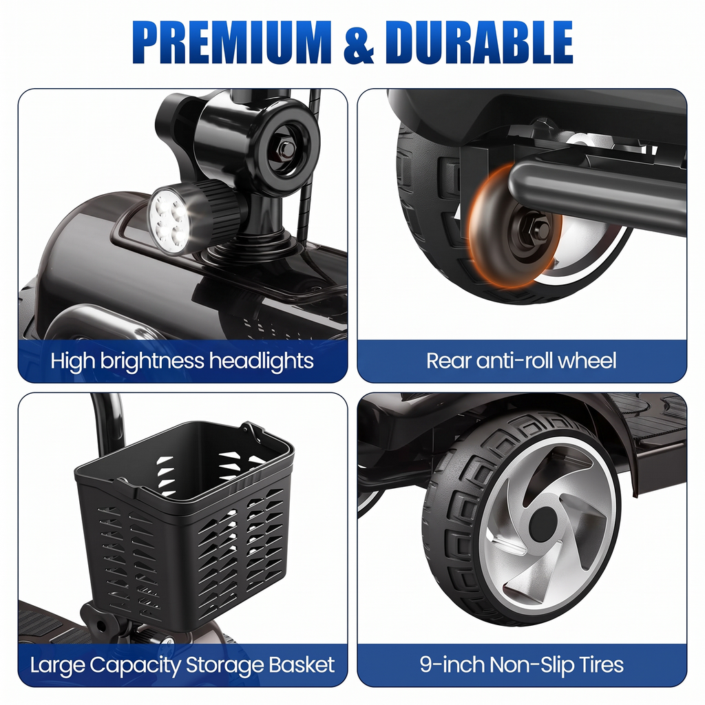Flycity 24V 4 Wheel Mobility Scooter for Seniors, Foldable 30 Miles Long Range Electric Scooter with LED Lights and Basket, 20Ah Electric Powered Wheelchair Device for Adults, Black