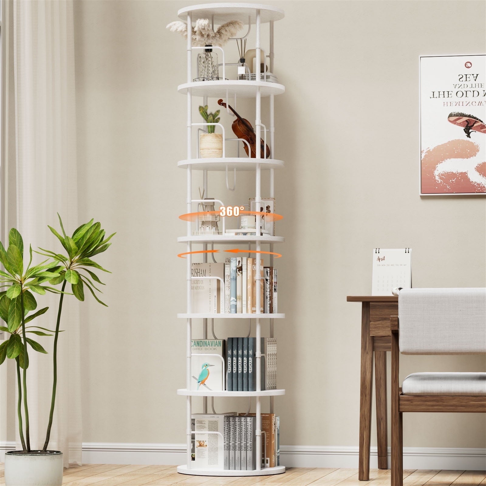 Flycity 6 Tier Rotating Bookshelf, 360° Display Rotating Bookcase Corner Storage Rack with Special Visible Partition Storage, White
