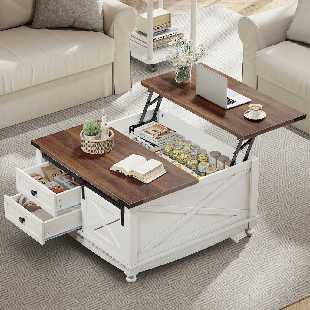 Flycity Square Lift Top Coffee Table with 2 Drawers, 31.5" Farmhouse Lift Up Coffee Table with Hidden Storage Compartment, Wood Center Table for Living Room, White