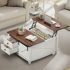 Flycity Square Lift Top Coffee Table with 2 Drawers, 31.5" Farmhouse Lift Up Coffee Table with Hidden Storage Compartment, Wood Center Table for Living Room, White
