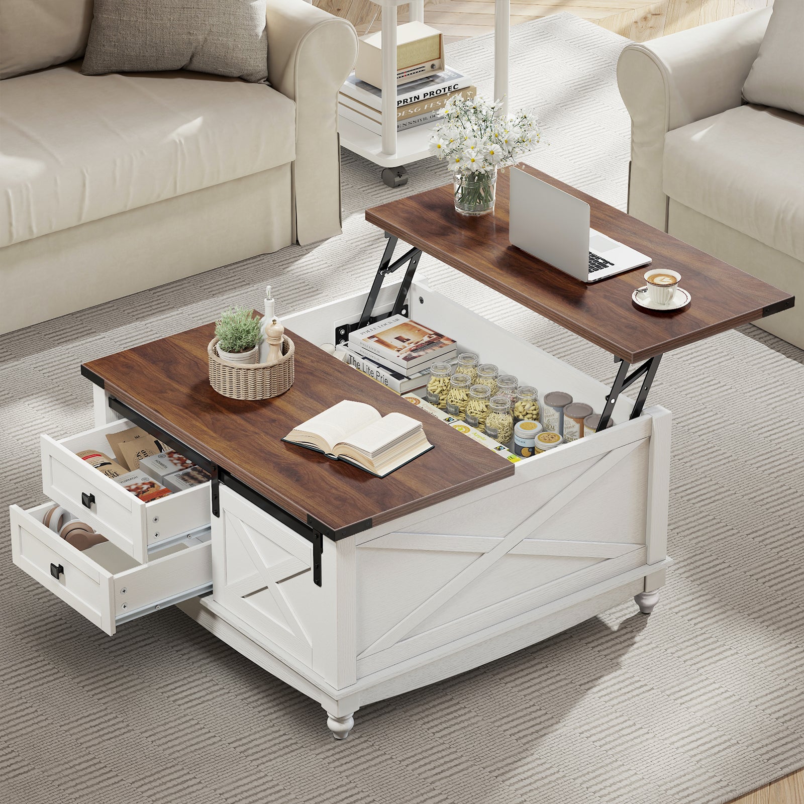 Flycity Square Lift Top Coffee Table with 2 Drawers, 31.5" Farmhouse Lift Up Coffee Table with Hidden Storage Compartment, Wood Center Table for Living Room, White