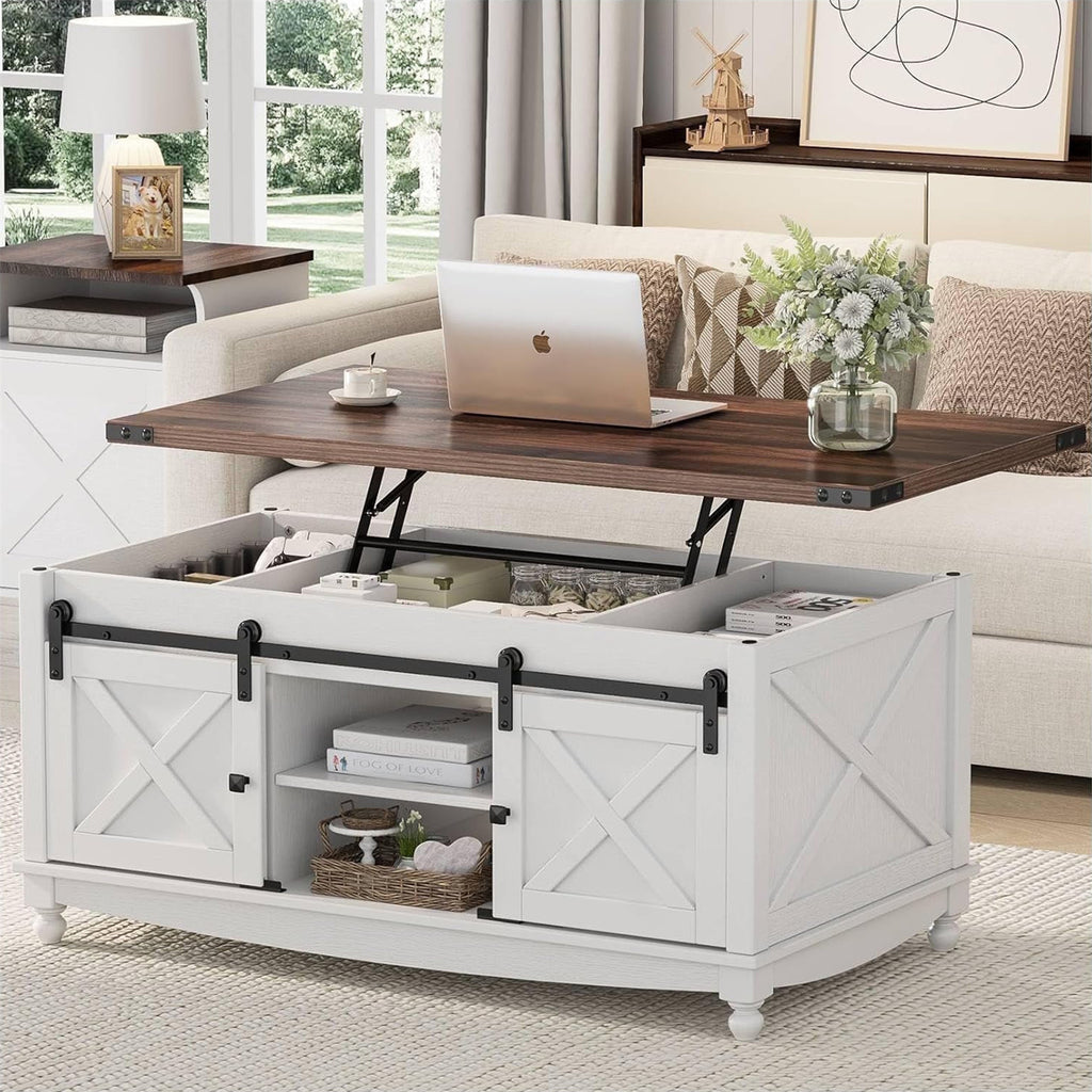 Flycity Lift Top Coffee Table, Lift up Coffee Table with Storage and Sliding Door, Farmhouse Center Table for Living Room Bedroom, White