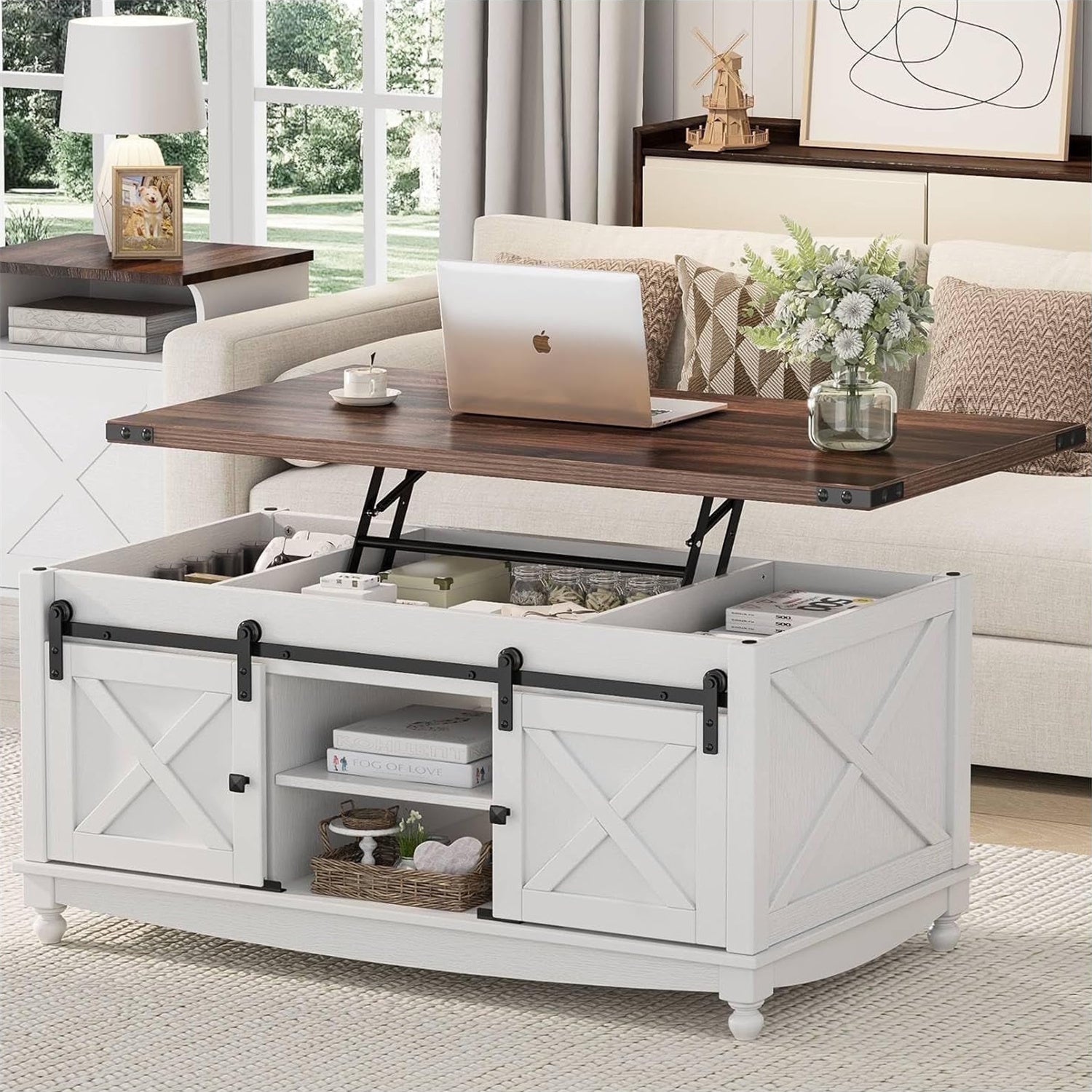 Flycity Lift Top Coffee Table, Lift up Coffee Table with Storage and Sliding Door, Farmhouse Center Table for Living Room Bedroom, White