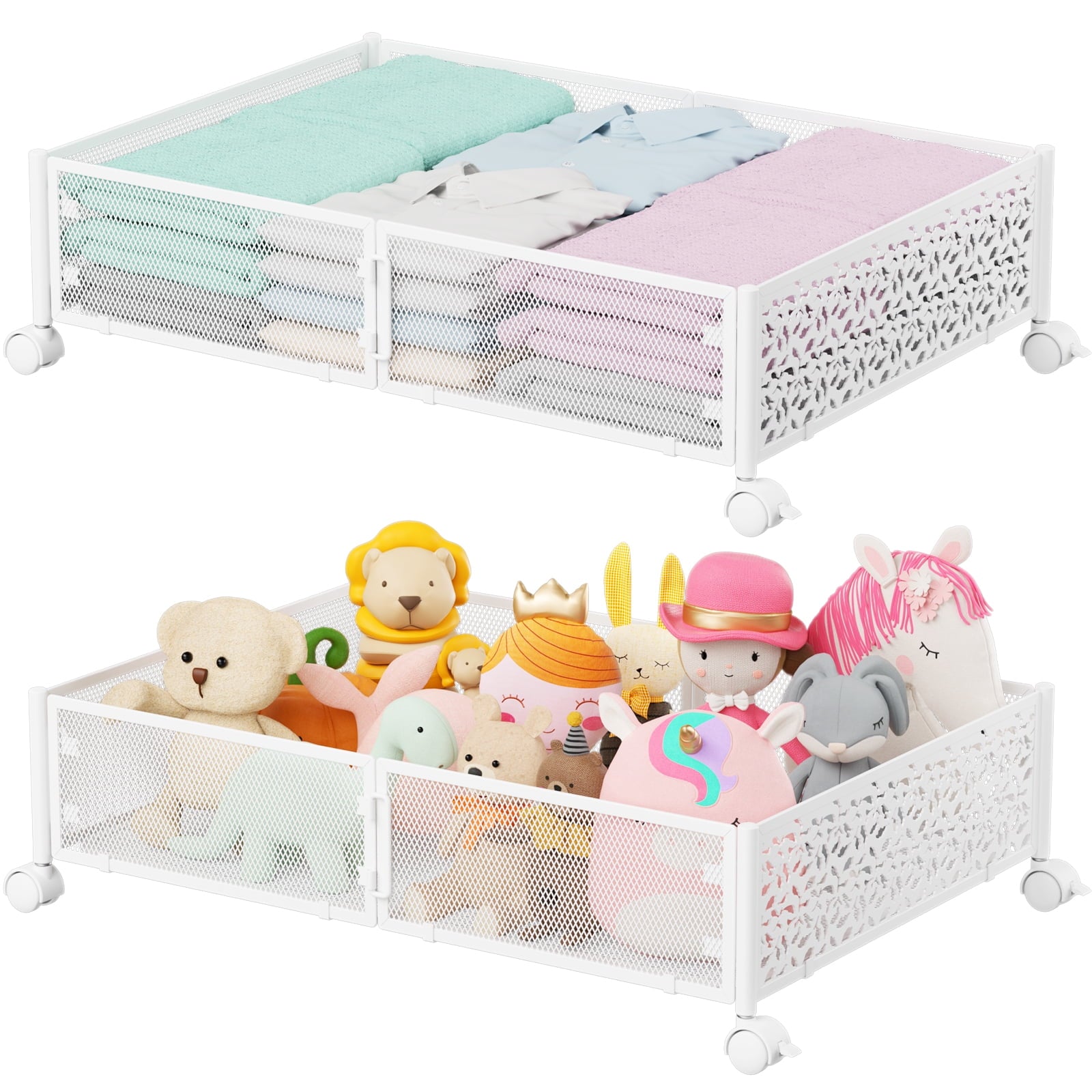 Flycity 2 Pack Foldable Under Bed Storage, Under the Bed Storage Containers with Wheels, Storage Organizer Bins for Bedroom Clothes Shoes Blankets - White