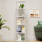 Flycity 5 Tier Rotating Bookshelf, 360° Display Rotating Bookcase Corner Storage Rack with Special Visible Partition Storage, White