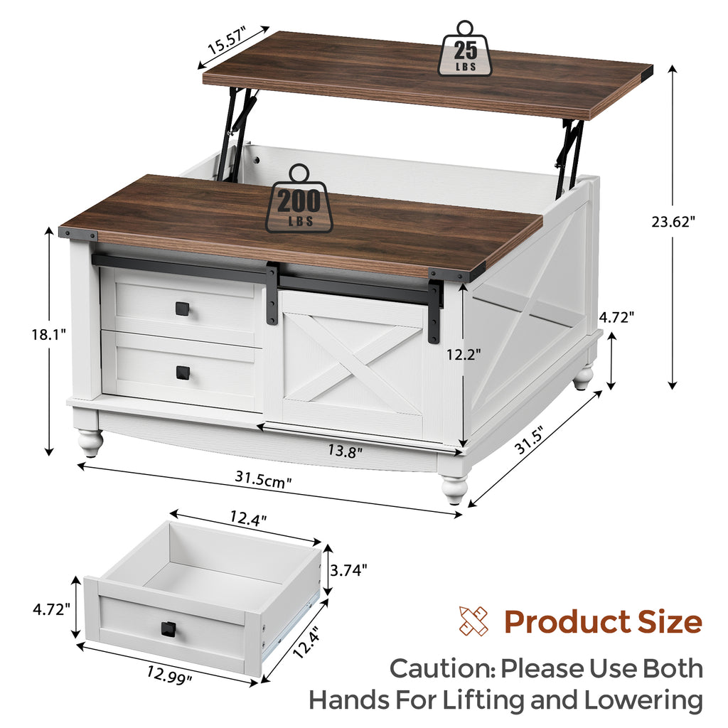 Flycity Square Lift Top Coffee Table with 2 Drawers, 31.5" Farmhouse Lift Up Coffee Table with Hidden Storage Compartment, Wood Center Table for Living Room, White