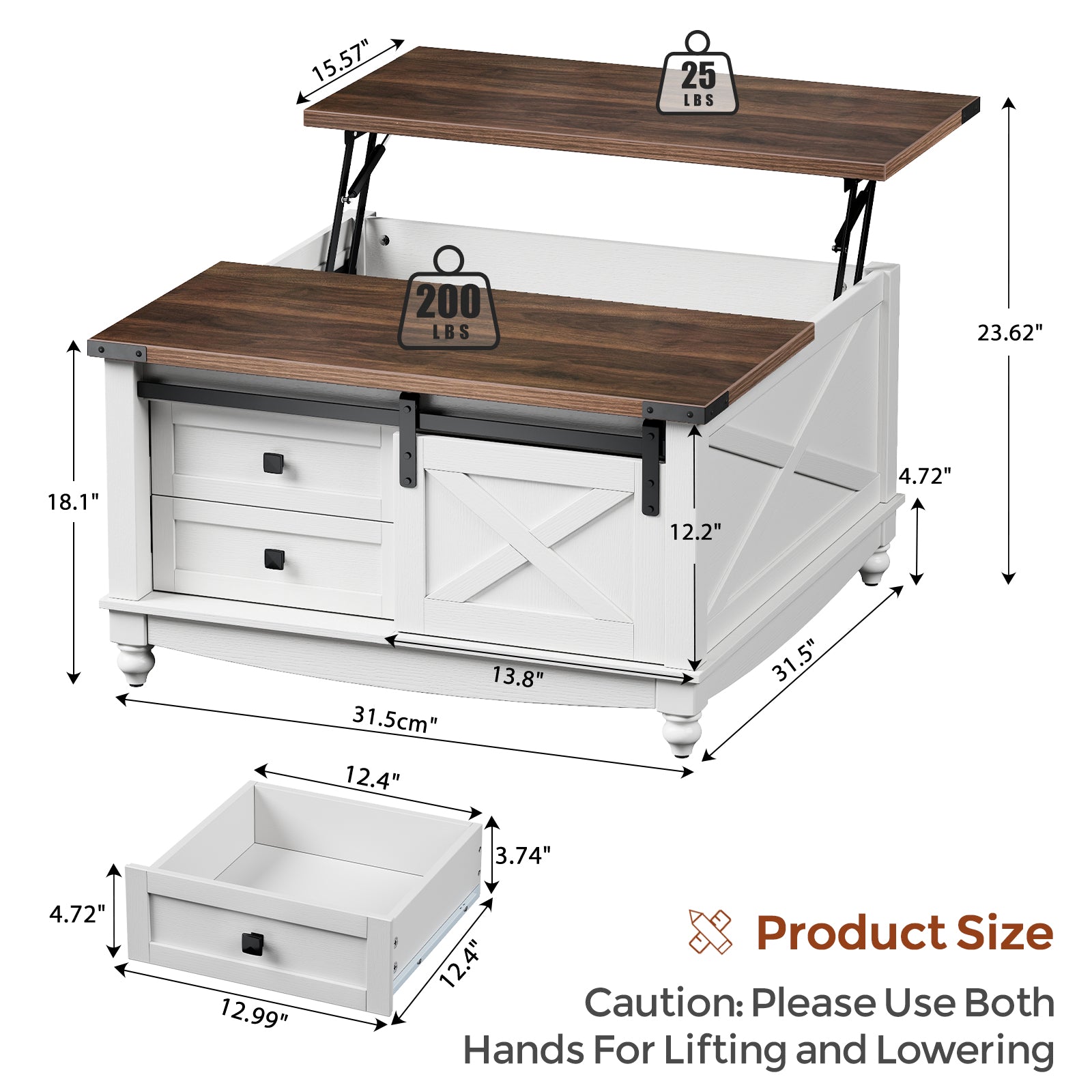 Flycity Square Lift Top Coffee Table with 2 Drawers, 31.5" Farmhouse Lift Up Coffee Table with Hidden Storage Compartment, Wood Center Table for Living Room, White