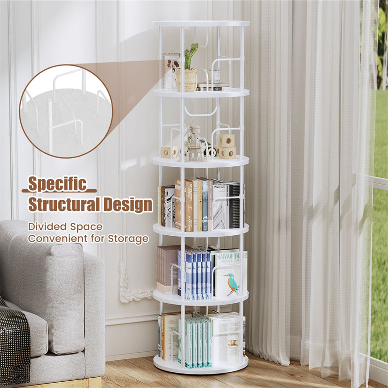 Flycity 5 Tier Rotating Bookshelf, 360° Display Rotating Bookcase Corner Storage Rack with Special Visible Partition Storage, White