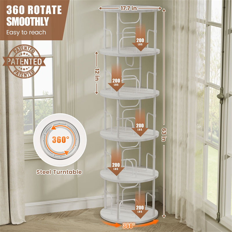 Flycity 5 Tier Rotating Bookshelf, 360° Display Rotating Bookcase Corner Storage Rack with Special Visible Partition Storage, White