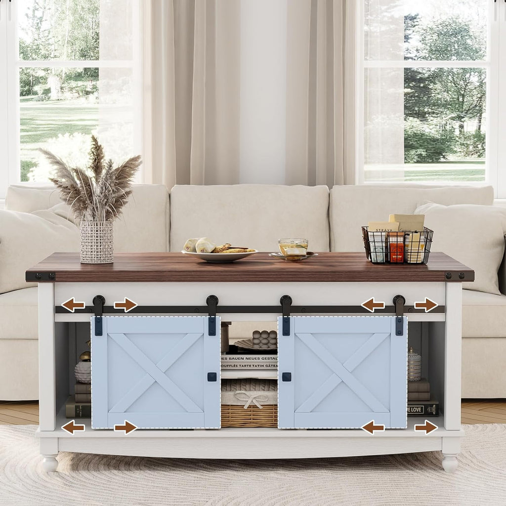 Flycity 48" Farmhouse Lift Top Coffee Table with Storage Sliding Barn Door, Lifting Tabletop Rustic Center Table with Large Hidden Compartment for Living Room, White & Brown