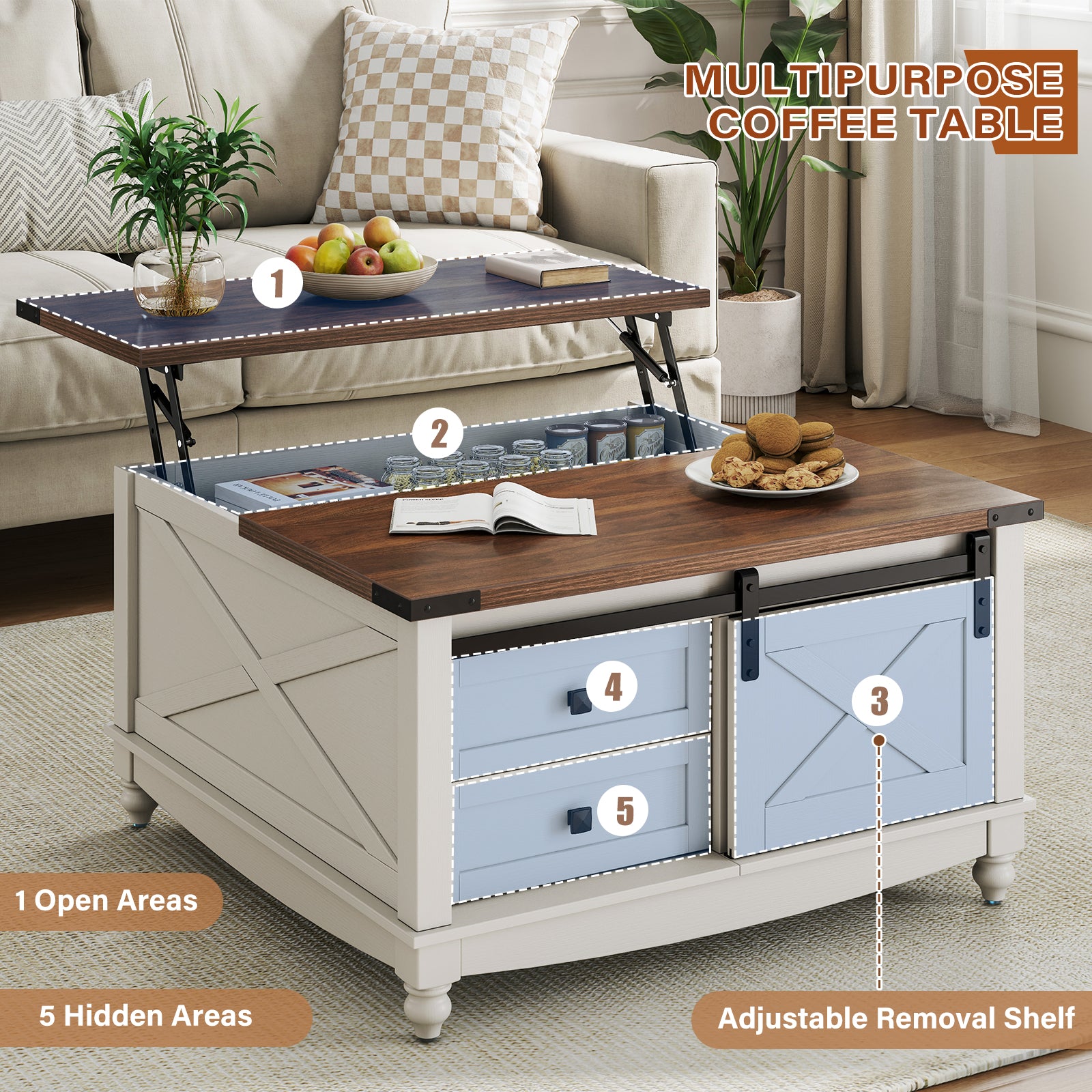 Flycity Square Lift Top Coffee Table with 2 Drawers, 31.5" Farmhouse Lift Up Coffee Table with Hidden Storage Compartment, Wood Center Table for Living Room, White