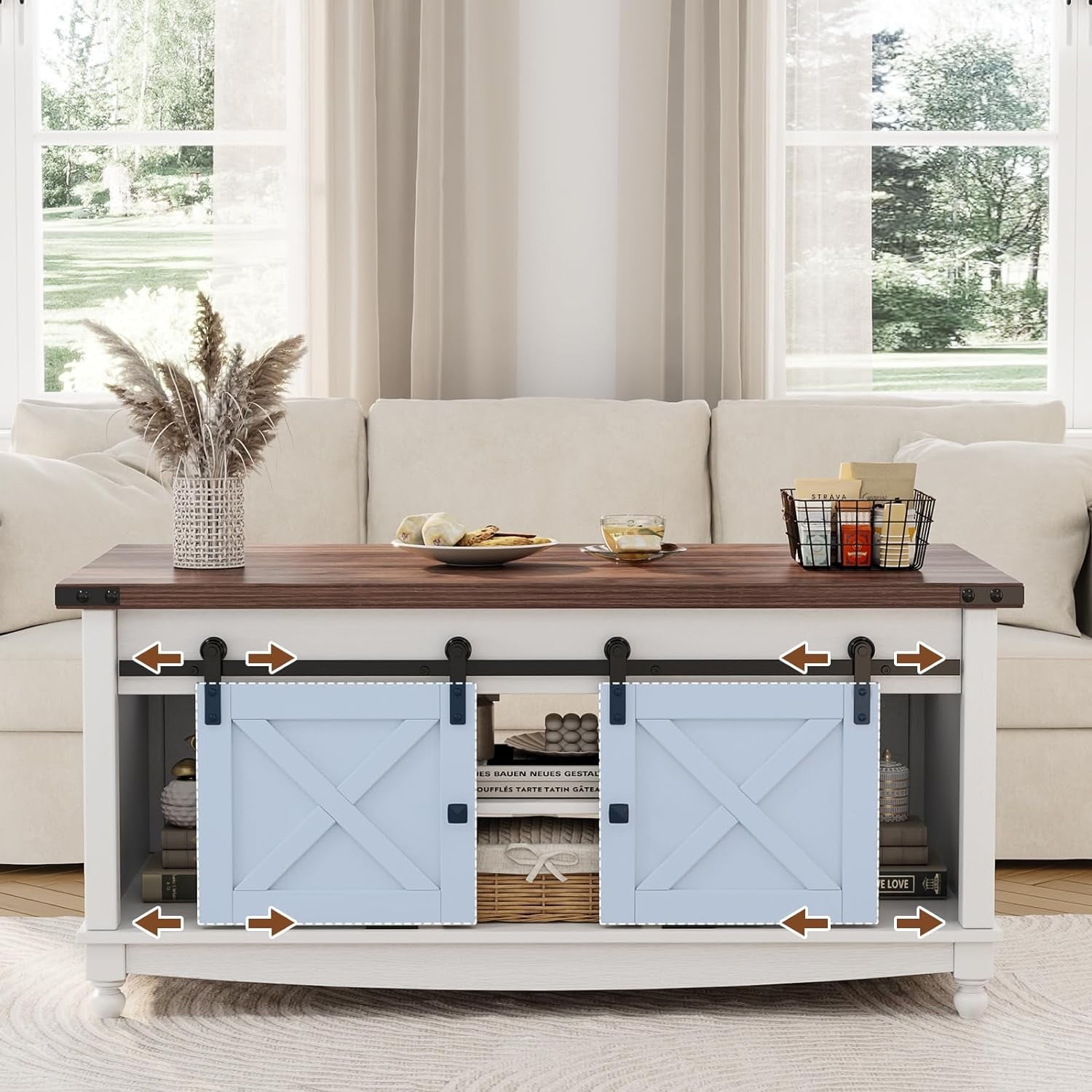 Flycity Lift Top Coffee Table, Lift up Coffee Table with Storage and Sliding Door, Farmhouse Center Table for Living Room Bedroom, White