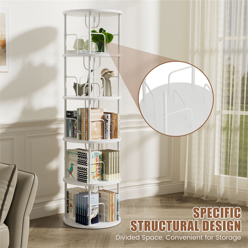 Flycity 5 Tier Rotating Bookshelf, 360° Display Rotating Bookcase Corner Storage Rack with Special Visible Partition Storage, White