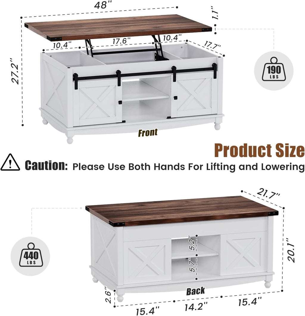 Flycity 48" Farmhouse Lift Top Coffee Table with Storage Sliding Barn Door, Lifting Tabletop Rustic Center Table with Large Hidden Compartment for Living Room, White & Brown