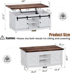 Flycity 48" Farmhouse Lift Top Coffee Table with Storage Sliding Barn Door, Lifting Tabletop Rustic Center Table with Large Hidden Compartment for Living Room, White & Brown