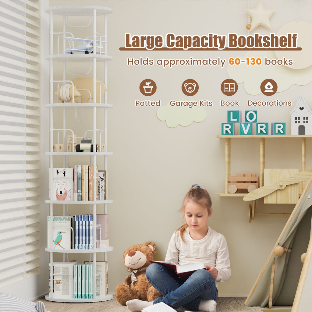 Flycity 6 Tier Rotating Bookshelf, 360° Display Rotating Bookcase Corner Storage Rack with Special Visible Partition Storage, White
