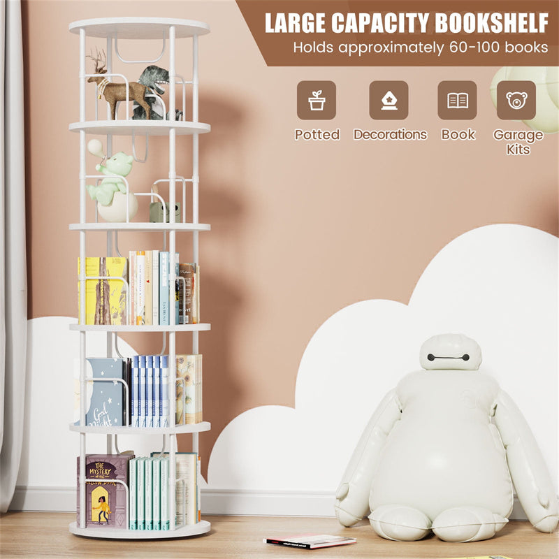 Flycity 5 Tier Rotating Bookshelf, 360° Display Rotating Bookcase Corner Storage Rack with Special Visible Partition Storage, White