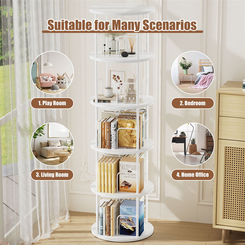 Flycity 5 Tier Rotating Bookshelf, 360° Display Rotating Bookcase Corner Storage Rack with Special Visible Partition Storage, White