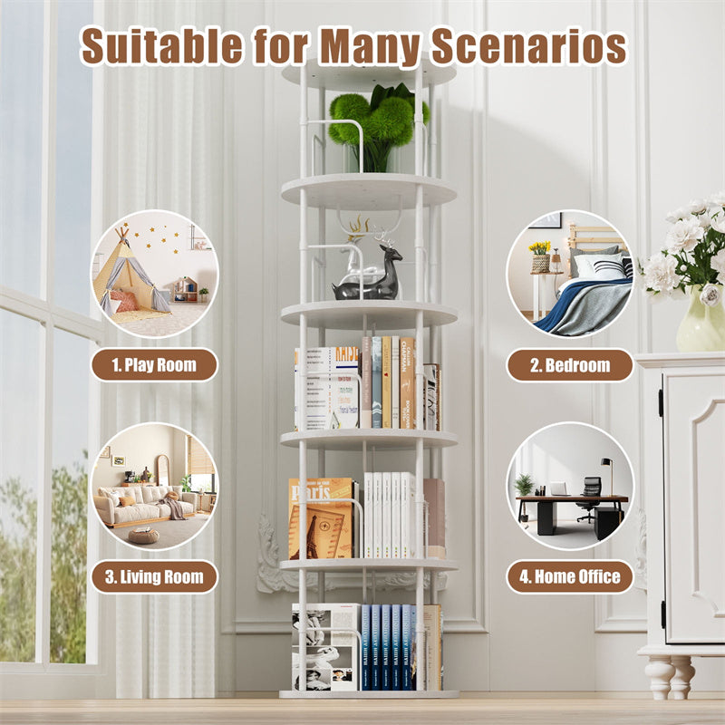 Flycity 5 Tier Rotating Bookshelf, 360° Display Rotating Bookcase Corner Storage Rack with Special Visible Partition Storage, White