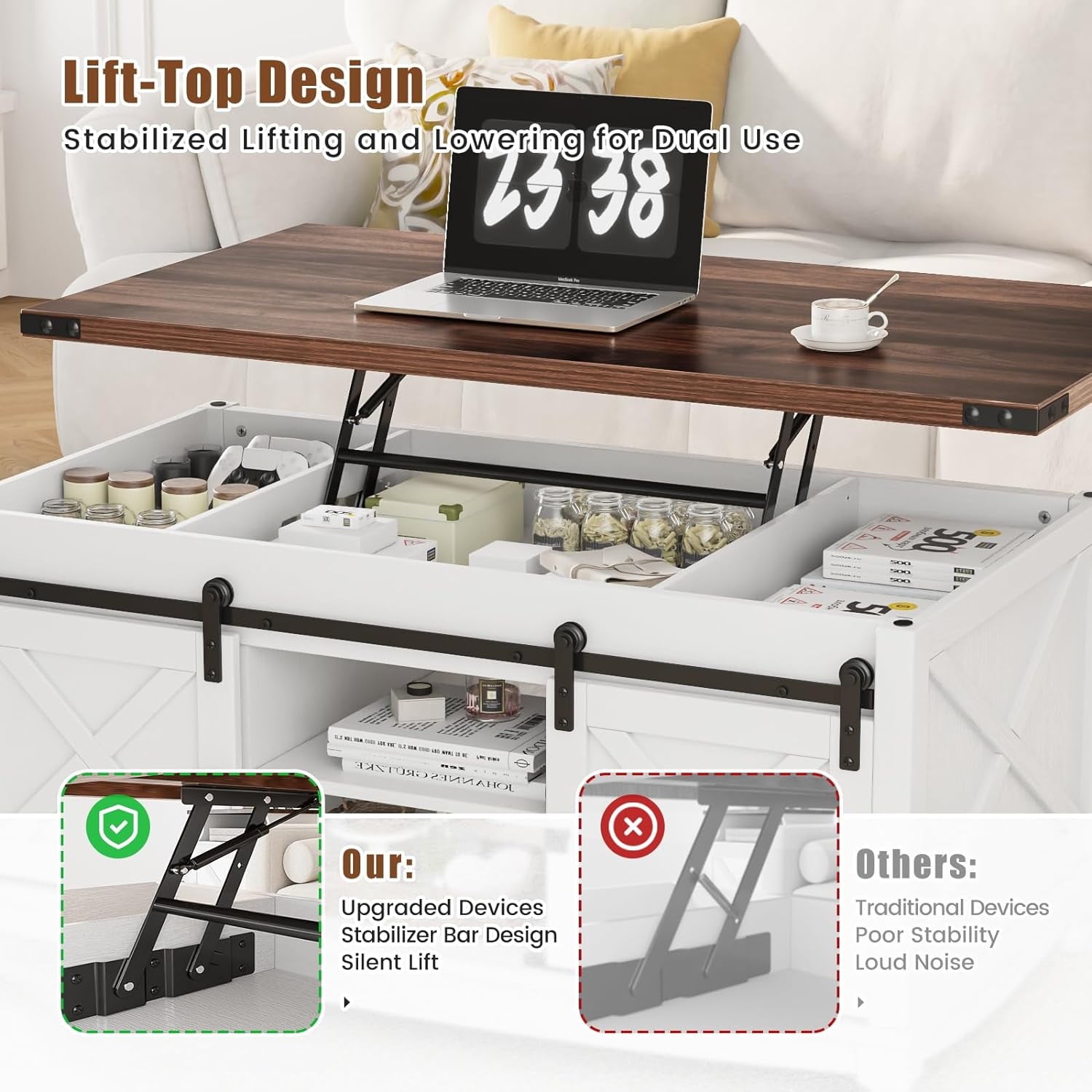 Flycity Lift Top Coffee Table, Lift up Coffee Table with Storage and Sliding Door, Farmhouse Center Table for Living Room Bedroom, White