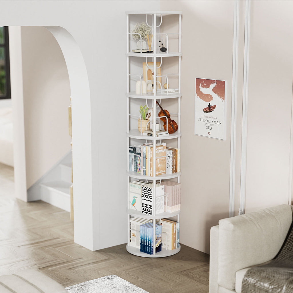 Flycity 6 Tier Rotating Bookshelf, 360° Display Rotating Bookcase Corner Storage Rack with Special Visible Partition Storage, White
