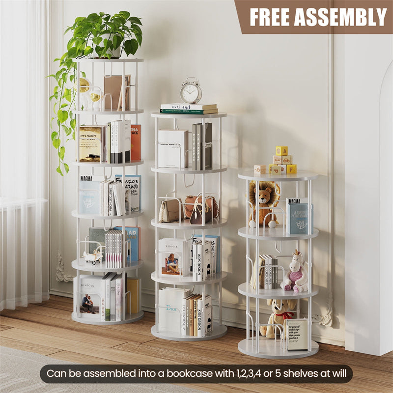 Flycity 5 Tier Rotating Bookshelf, 360° Display Rotating Bookcase Corner Storage Rack with Special Visible Partition Storage, White