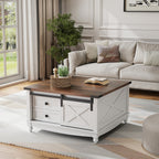 Flycity Square Lift Top Coffee Table with 2 Drawers, 31.5" Farmhouse Lift Up Coffee Table with Hidden Storage Compartment, Wood Center Table for Living Room, White