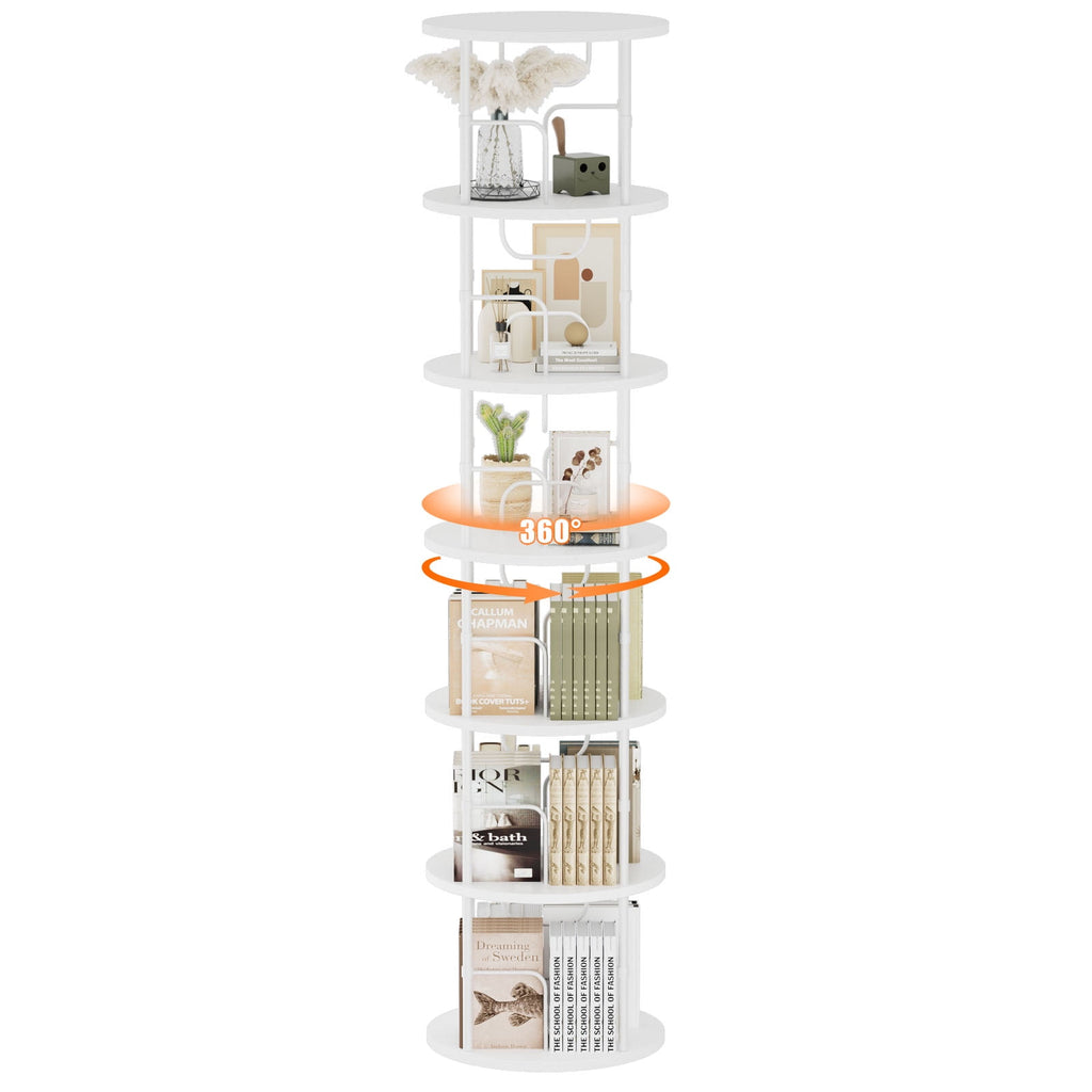 Flycity 6 Tier Rotating Bookshelf, 360° Display Rotating Bookcase Corner Storage Rack with Special Visible Partition Storage, White
