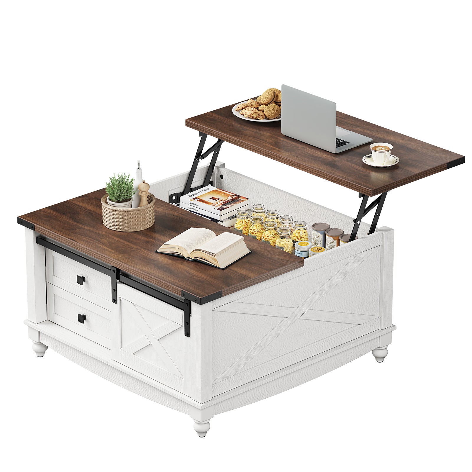 Flycity Square Lift Top Coffee Table with 2 Drawers, 31.5" Farmhouse Lift Up Coffee Table with Hidden Storage Compartment, Wood Center Table for Living Room, White