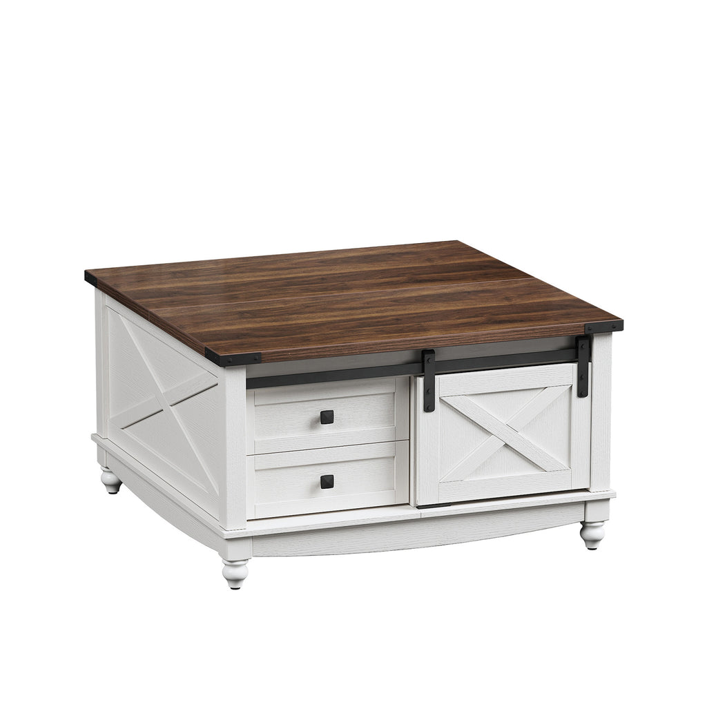 Flycity Square Lift Top Coffee Table with 2 Drawers, 31.5" Farmhouse Lift Up Coffee Table with Hidden Storage Compartment, Wood Center Table for Living Room, White