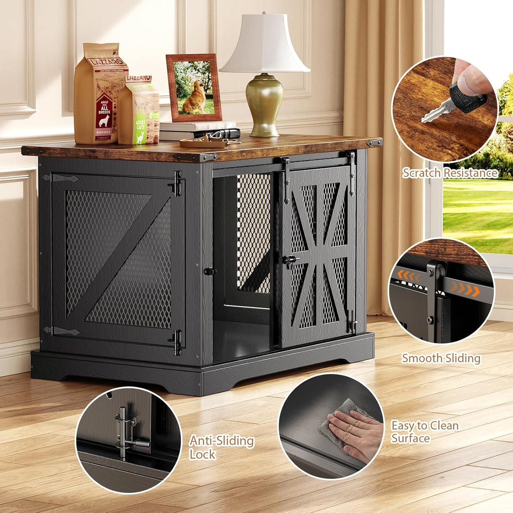 Flycity 39.4''Farmhouse Dog Crate Furniture with Sliding Door, Heavy Duty Dog Crate for Small Medium Dogs, Wooden Dog Kennel Indoor with 3 Doors, Decorative Pet House End Table for Living Room, Black