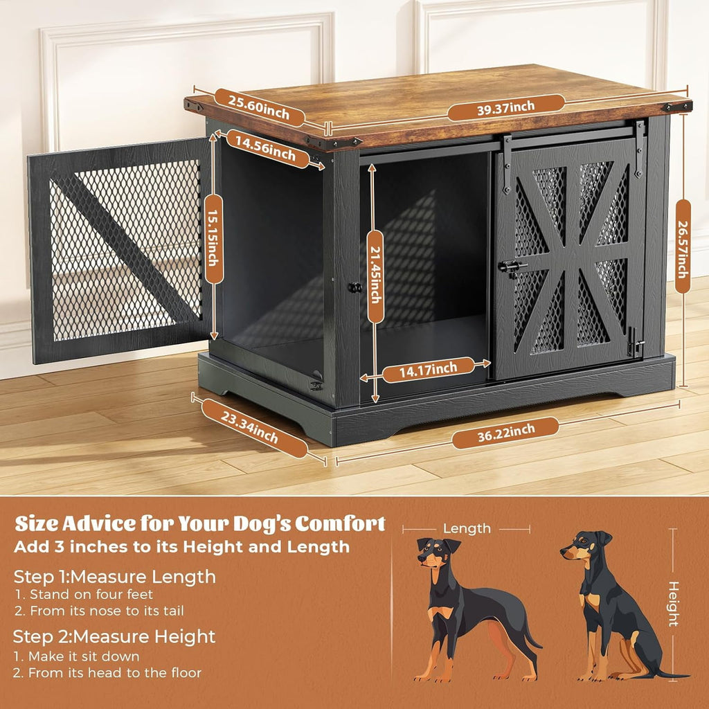 Flycity 39.4''Farmhouse Dog Crate Furniture with Sliding Door, Heavy Duty Dog Crate for Small Medium Dogs, Wooden Dog Kennel Indoor with 3 Doors, Decorative Pet House End Table for Living Room, Black