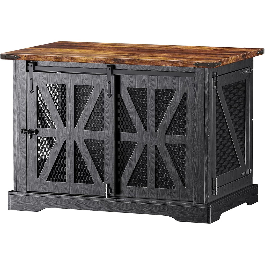 Flycity 39.4''Farmhouse Dog Crate Furniture with Sliding Door, Heavy Duty Dog Crate for Small Medium Dogs, Wooden Dog Kennel Indoor with 3 Doors, Decorative Pet House End Table for Living Room, Black