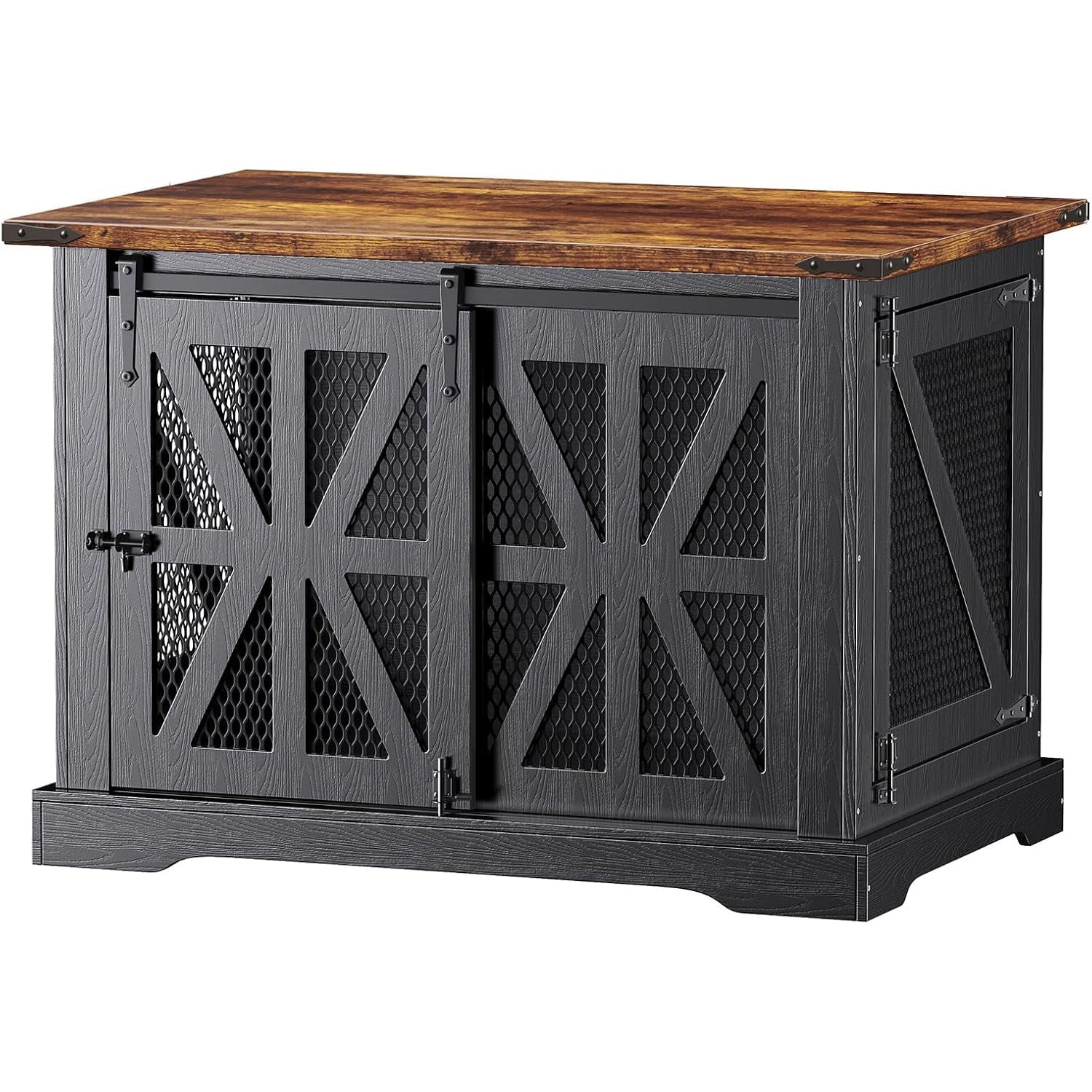 Flycity 39.4''Farmhouse Dog Crate Furniture with Sliding Door, Heavy Duty Dog Crate for Small Medium Dogs, Wooden Dog Kennel Indoor with 3 Doors, Decorative Pet House End Table for Living Room, Black